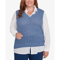 Alfred Dunner Plus Size Lake Victoria Collared Vest Two in One Sweater, Blue