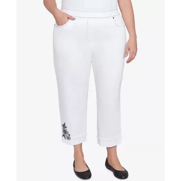 Alfred Dunner Plus Size Wild at Heart Floral Embroidered Cuffed Ankle Jean, White
