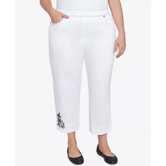 Alfred Dunner Plus Size Wild at Heart Floral Embroidered Cuffed Ankle Jean, White