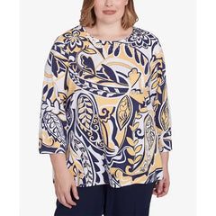 Alfred Dunner Plus Size Block Island Dramatic Paisley Crew Neck Top, Multi Yellow , Size 1X