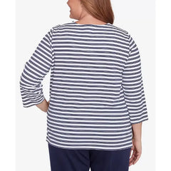 Alfred Dunner Plus Size Block Island Striped Top with Embroidered Neckline, Navy Multi, Size 3X