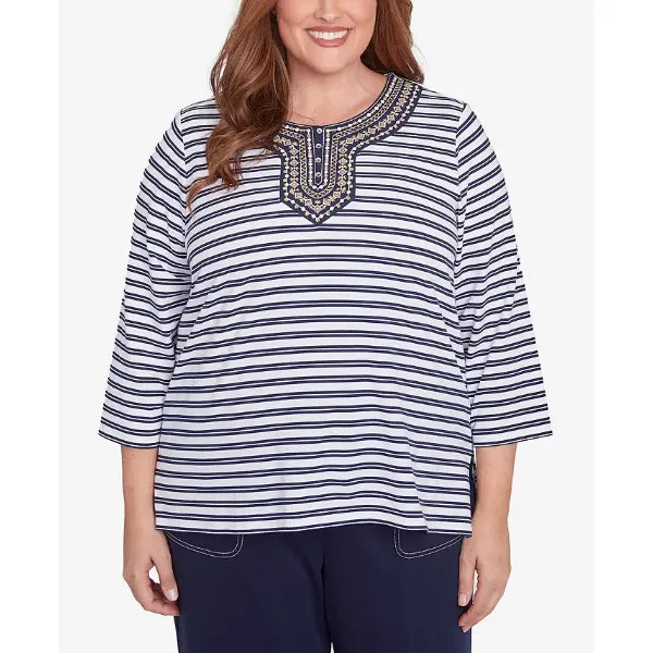 Alfred Dunner Plus Size Block Island Striped Top with Embroidered Neckline, Navy Multi, Size 3X