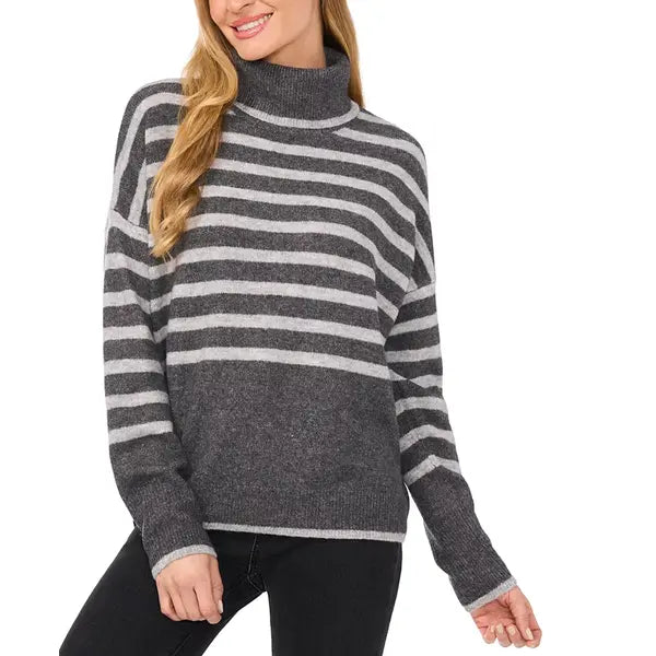 Women's Striped Long Sleeve Turtleneck Sweater,Created by Macy's-Madium heather gray