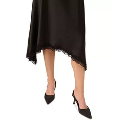 Adrianna Papell Womens Lace Trim Satin Midi Dress, Elegant Special Occasion or Evening Outfit, Black