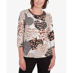 Alfred Dunner Women's Romancing the Stone Animal Print Hearts Top, Neutral Multi , Size Medium