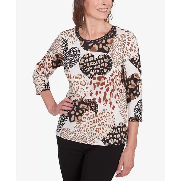 Alfred Dunner Women's Romancing the Stone Animal Print Hearts Top, Neutral Multi , Size Medium