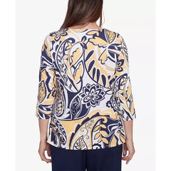 Alfred Dunner Women's Block Island Dramatic Paisley Crew Neck Top, Multi Yellow