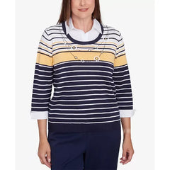 Alfred Dunner Women's Block Island Striped Two in One Collared Sweater with Necklace, Navy Multi