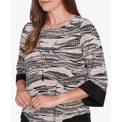 Alfred Dunner Women's Romancing The Stone Abstract Feather Solid Trim Top with Necklace, Neutral Multi
