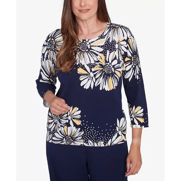 Alfred Dunner Women's Block Island Embellished Daisy Crew Neck Sweater, Navy Multi, Size S