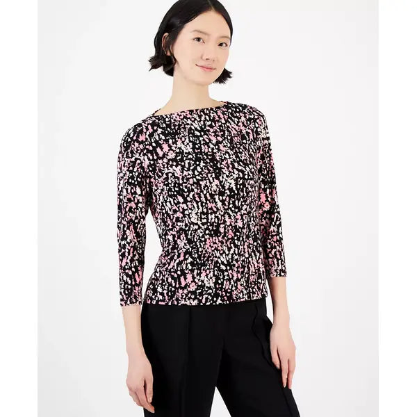 Anne Klein Womens Abstract Print Knit Boat Neck, Top Stylish Comfortable Womens Top, Anne Black Multi