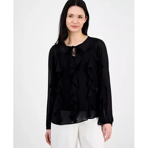 Anne Klein Womens Ruffled Tie Neck Blouson Sleeve Top, Elegant Stylish Womens Blouse, Anne Black
