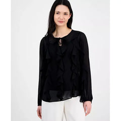 Anne Klein Womens Ruffled Tie Neck Blouson Sleeve Top, Elegant Stylish Womens Blouse, Anne Black
