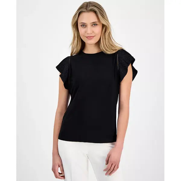 Anne Klein Womens Pleated Flutter Sleeve Top, Elegant Stylish Blouse for Casual or Dressy Wear, Anne Black , Size S