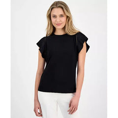Anne Klein Womens Pleated Flutter Sleeve Top, Elegant Stylish Blouse for Casual or Dressy Wear, Anne Black , Size S