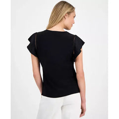 Anne Klein Womens Pleated Flutter Sleeve Top, Elegant Stylish Blouse for Casual or Dressy Wear, Anne Black , Size S
