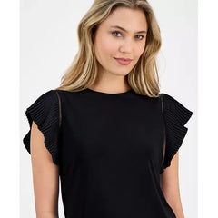 Anne Klein Womens Pleated Flutter Sleeve Top, Elegant Stylish Blouse for Casual or Dressy Wear, Anne Black , Size S