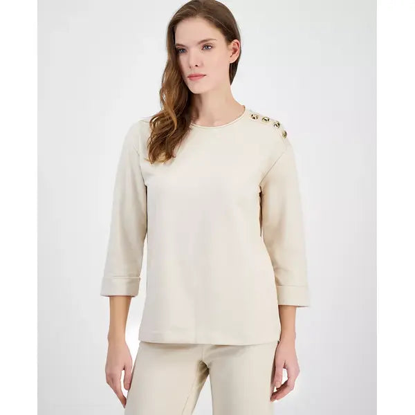 Anne Klein Womens French Terry Button, Shoulder Top Casual Soft Pullover, Soft Latte