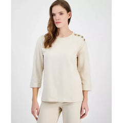 Anne Klein Womens French Terry Button, Shoulder Top Casual Soft Pullover, Soft Latte