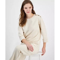 Anne Klein Womens French Terry Button, Shoulder Top Casual Soft Pullover, Soft Latte
