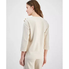 Anne Klein Womens French Terry Button, Shoulder Top Casual Soft Pullover, Soft Latte