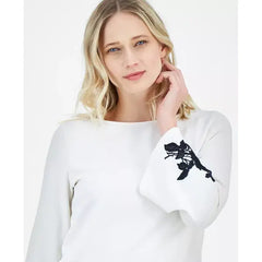 Anne Klein Womens Embroidered Bell Sleeve Boat Neck Tunic Top, Elegant Stylish Casual Blouse, White dove