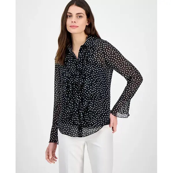 Anne Klein Petite Ruffled Bell Sleeve Dot Print Blouse, Elegant Feminine Top for Office or Casual Wear
