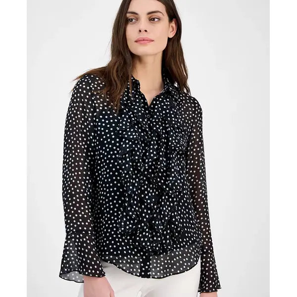 Anne Klein Womens Ruffled Polka Dot Shirt Stylish, Casual Top with Feminine Detail, Anne Black