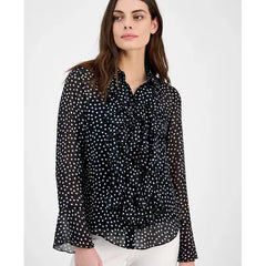 Anne Klein Womens Ruffled Polka Dot Shirt Stylish, Casual Top with Feminine Detail, Anne Black