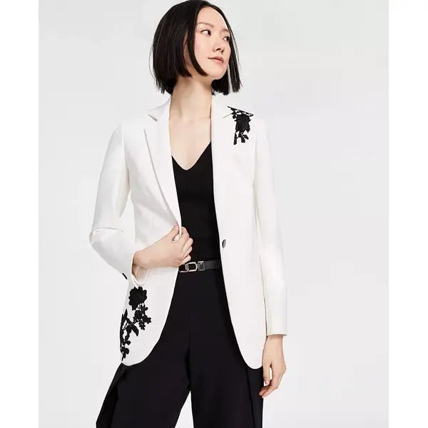 Anne Klein Womens Embroidered Notched Collar Compression Blazer, Tailored Elegant Jacket , White Dove/anne Black