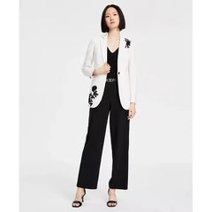 Anne Klein Womens Embroidered Notched Collar Compression Blazer, Tailored Elegant Jacket , White Dove/anne Black