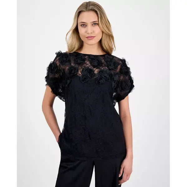 Anne Klein Women's Bateau Neck Rosette Detail, Top Elegant Stylish Floral Accent Blouse, Anne Black , XL