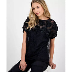 Anne Klein Women's Bateau Neck Rosette Detail, Top Elegant Stylish Floral Accent Blouse, Anne Black , XL