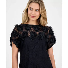 Anne Klein Women's Bateau Neck Rosette Detail, Top Elegant Stylish Floral Accent Blouse, Anne Black , XL
