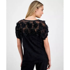 Anne Klein Women's Bateau Neck Rosette Detail, Top Elegant Stylish Floral Accent Blouse, Anne Black , XL