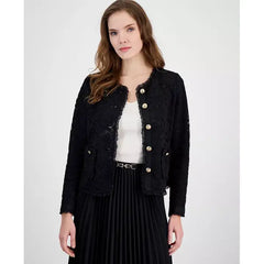 Anne Klein Womens Lace Button Front Patch Pocket Jacket, Elegant Lightweight Layer, Anne Black