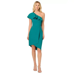 Adrianna Papell Womens Ruffle Trim Asymmetric Neck Dress, Elegant Evening or Special Occasion Outfit, Deep Emerald
