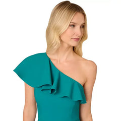 Adrianna Papell Womens Ruffle Trim Asymmetric Neck Dress, Elegant Evening or Special Occasion Outfit, Deep Emerald