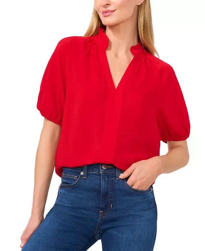 Macy's Women's Short Sleeve Ruffle Neck Raglan Split Neck Blouse-Red