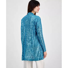 Anne Klein Womens Sequin Embellished Open Front Jacket, Stylish Elegant Layer for Special Events, Pool Blue