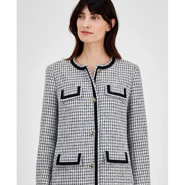 Anne Klein Womens Tweed Collarless Long Jacket, Elegant and Timeless Outerwear,Anne White/anne Black