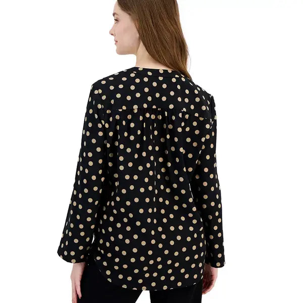 Anne Klein Womens Long Sleeve Tunic Top with Roll Tab, Stylish and Comfortable Top, Black/Tan