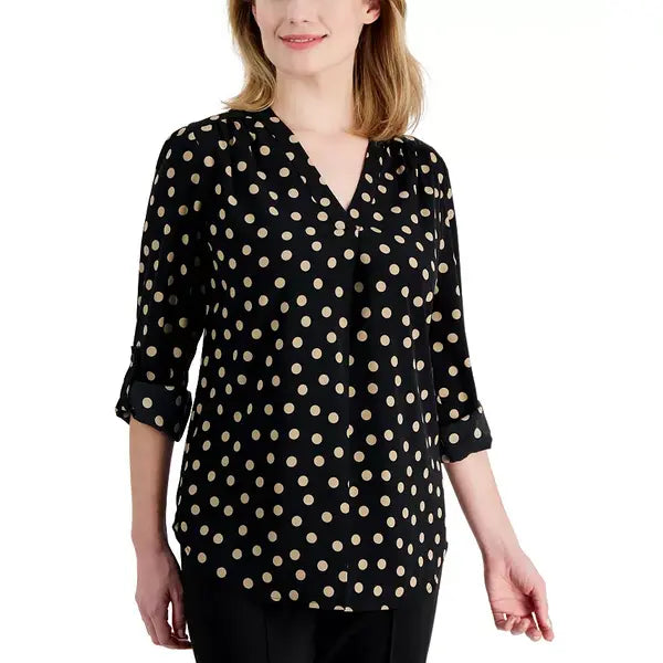 Anne Klein Womens Long Sleeve Tunic Top with Roll Tab, Stylish and Comfortable Top, Black/Tan