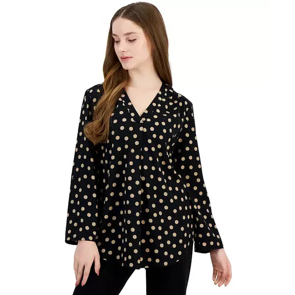 Anne Klein Womens Long Sleeve Tunic Top with Roll Tab, Stylish and Comfortable Top, Black/Tan