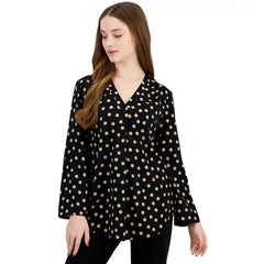 Anne Klein Womens Long Sleeve Tunic Top with Roll Tab, Stylish and Comfortable Top, Black/Tan
