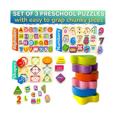 Quokka 3xSET Chunky Wooden Puzzles for Toddlers 1-3 - Numbers Alphabet Shapes