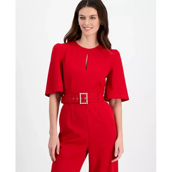 Women's Keyhole Buckle-Belt Wide-Leg Jumpsuit,Created by Macy's-Crimson