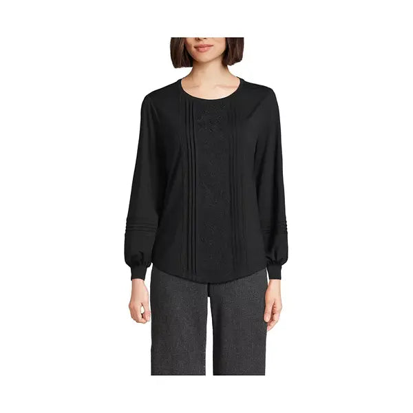 Macy's Women's Long Sleeve Lightweight Jersey Pintuck Embroidery Top-Black