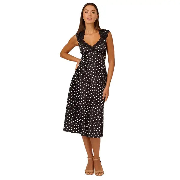Adrianna Papell Womens Polka Dot Midi Dress Chic Daytime or Special Occasion Outfit, Black/white