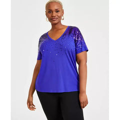 Plus Size Raining Sequin V-Neck Top, Created for Macy's-Deep iris